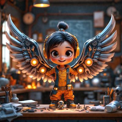 The primary subject of the image is a small, cute, and colorful cartoon character, possibly a girl, with wings and a headset. The character is standing on a desk, surrounded by various objects.

The setting/background features a workspace with a desk, a chair, and a clock. There are also several books scattered around the area. The visual style of the image is a combination of digital art and illustration, creating a whimsical and playful atmosphere.

The colors and mood